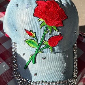Denim Cap with Red Rose Embroidery and silver stones.